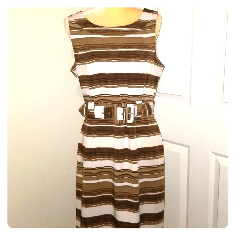 VOIR VOIR Brown Multicolored Striped Sheath Dress